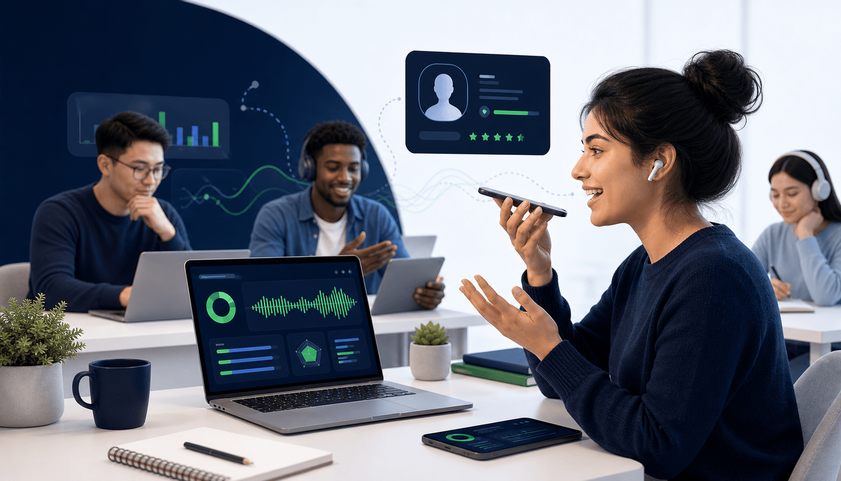 Learners practicing English speaking with an AI report preview