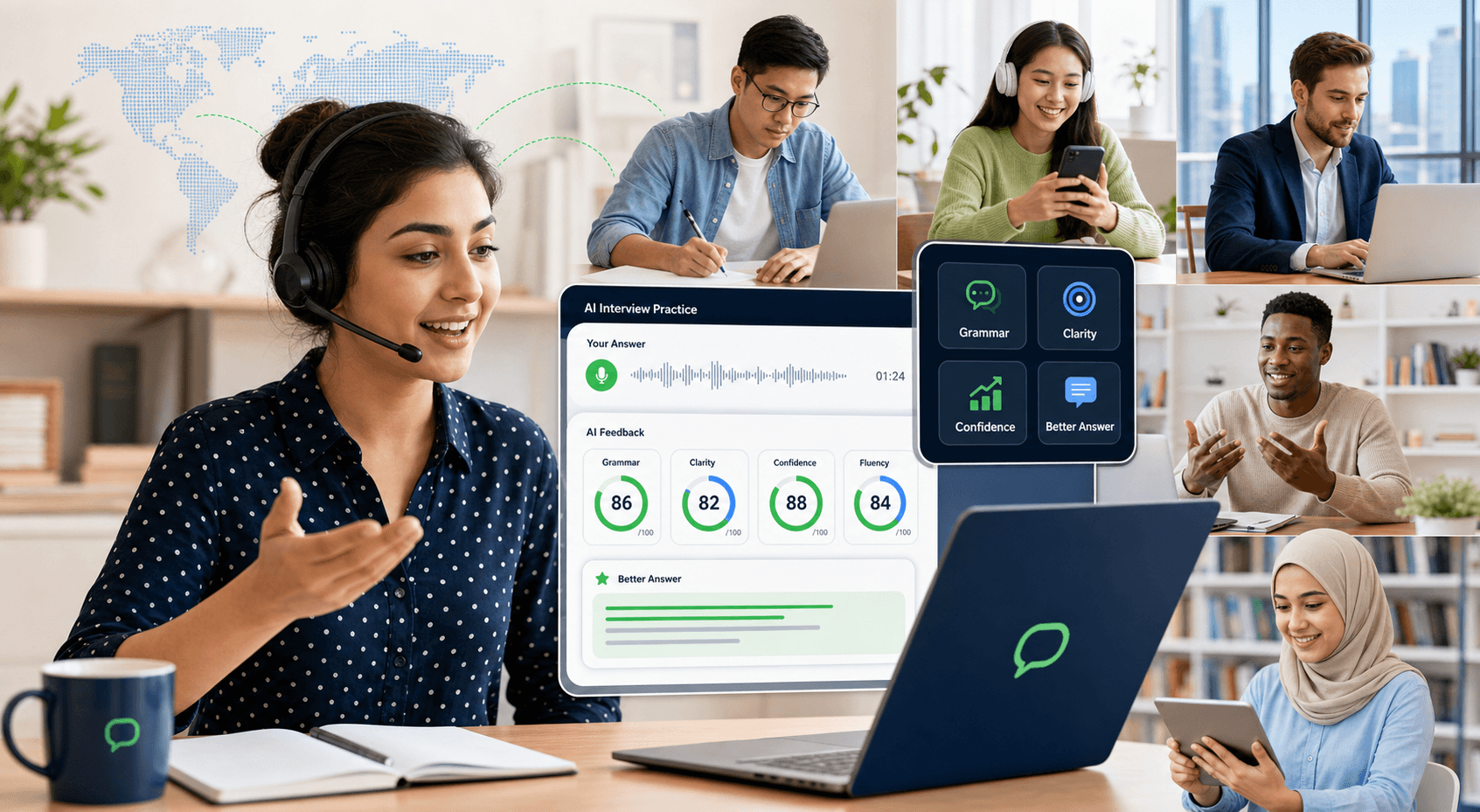 Global learners practicing English speaking with AI feedback